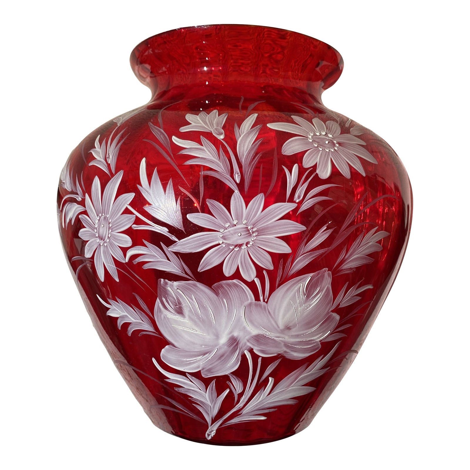 Mid 20th Century Hand Painted Cranberry Red Art Glass Vase Chairish
