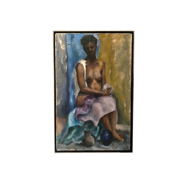 Vintage Figurative Seated Female Acrylic Painting For Sale - Image 9 of 9