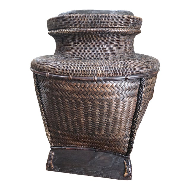 1980s Large Sculptural Handwoven Basket Vessel – Tribal Artisan Work, 26” For Sale
