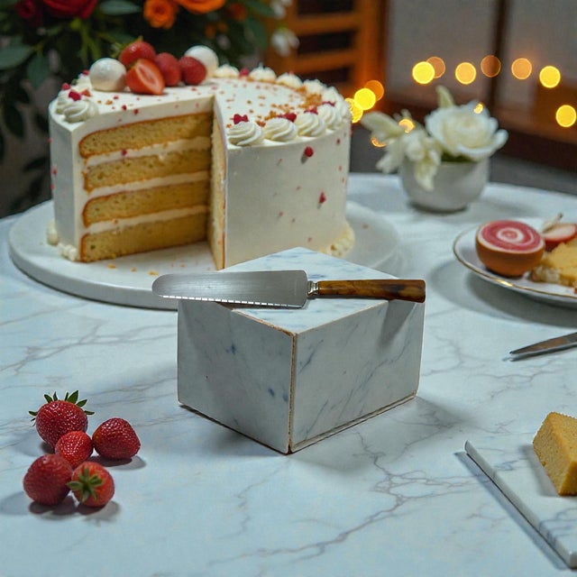 Offering a Bakelite and stainless cake server with a serrated edge. It features a butterscotch marble-patterned Bakelite...