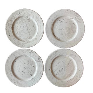 Set of 4 French Ceramic Plates With Cream and Brown Marbled Design For Sale