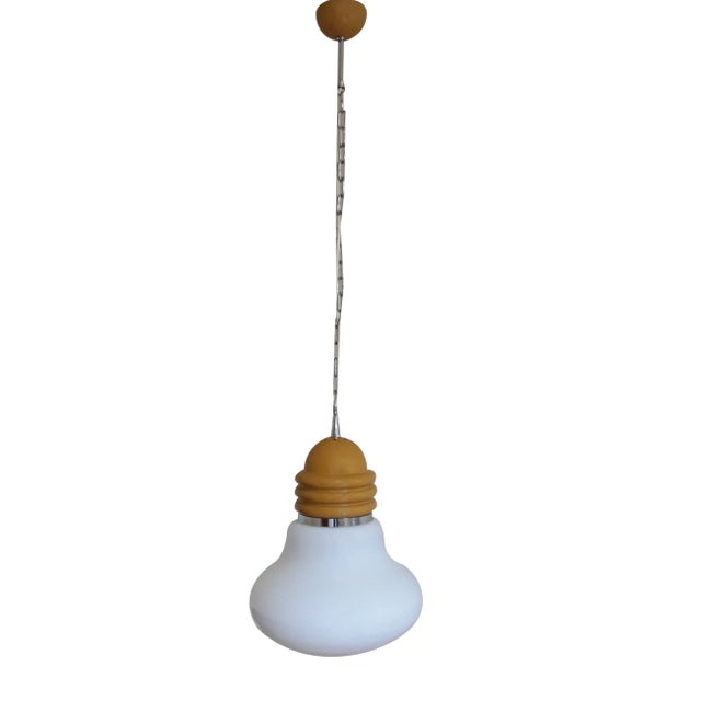 Vintage Ceiling Lamp in White Opaque Glass & Mustard-Colored Metal Assembly, 1970s For Sale