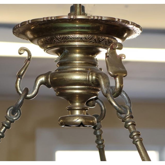 Late 19th Century Brass Kerosene Oil Chandelier With Blue Shade For Sale - Image 9 of 12