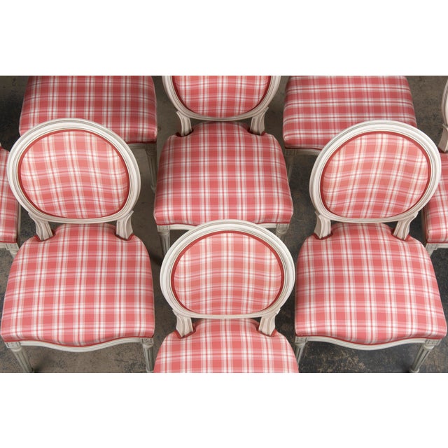 French Louis XVI Style Painted Dining Chairs W/ Pink Plaid Fabric Set
