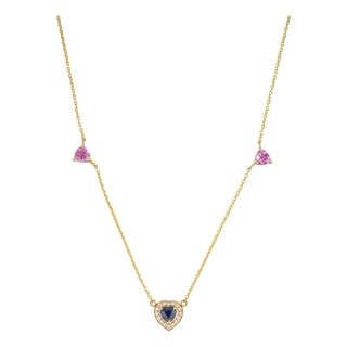 14k Gold Heart Charm Necklace With Multi Sapphire & Diamonds For Sale
