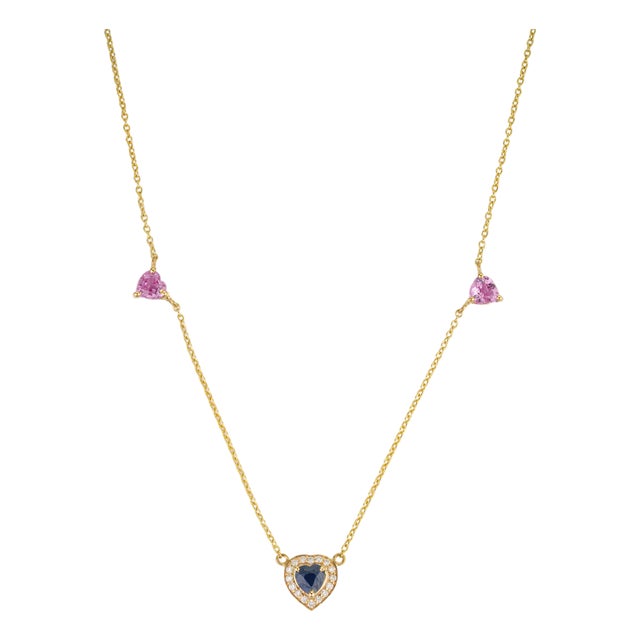 14k Gold Heart Charm Necklace With Multi Sapphire & Diamonds For Sale