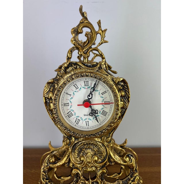 Vintage Rococo Ornate Brass Mantel Clock & 2 Candelabra Set, Set of 3 For Sale - Image 5 of 18
