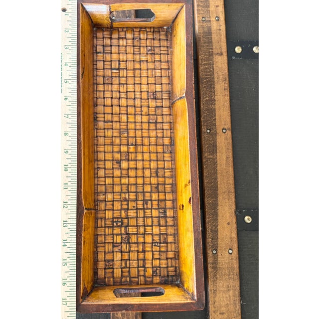 Coffee Vintage British Colonial Platter Woven Bamboo Long Bar Tray 17.5" For Sale - Image 8 of 10