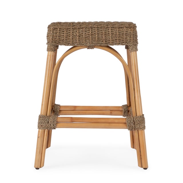 Coastal Robias 24.5 in. Seat Height Rectangular Rattan and Mendong Grass Counter Stool, Khaki Brown For Sale - Image 3 of 6