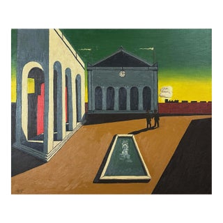 Vintage Surrealist Architectural Landscape (After Giorgio De Chirico) by j.d. Sine, Signed (1970, Oil on Canvas) For Sale