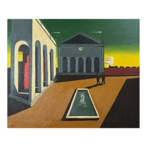 Vintage Surrealist Architectural Landscape (After Giorgio De Chirico) by j.d. Sine, Signed (1970, Oil on Canvas)