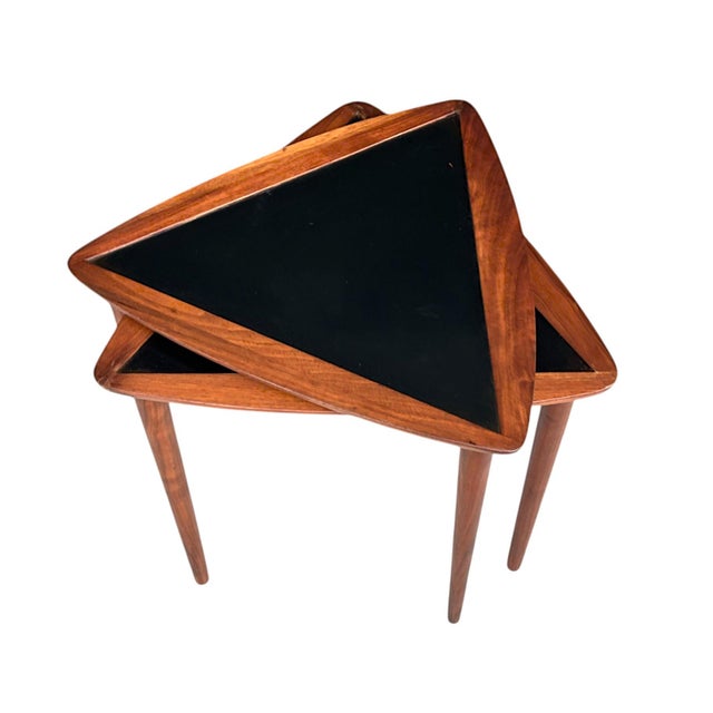 1960s 1960s Pair of Restored Danish Modern Teak & Black Laminate Triangle Side Tables – Mid-Century Accent Set For Sale - Image 5 of 13
