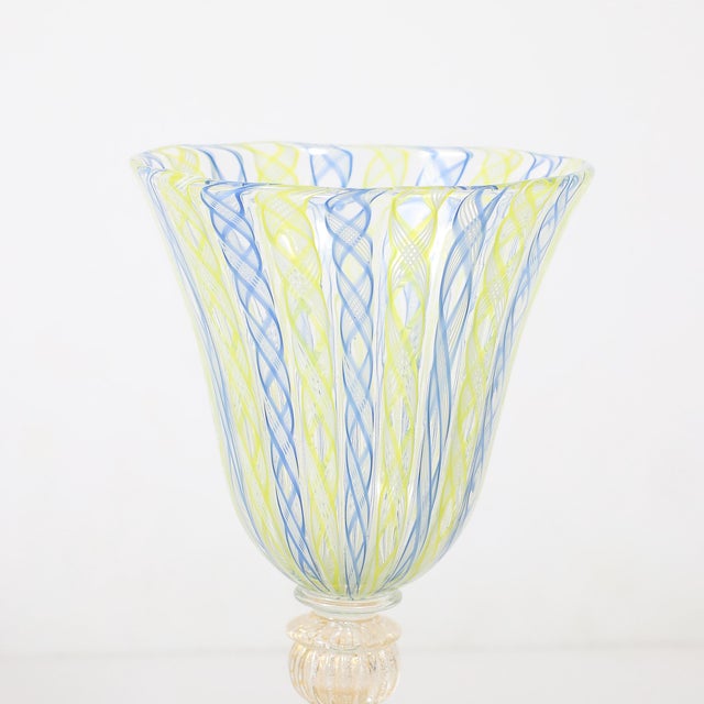 Set of 8 Hand-Blown Murano Latticino Blue & Chartreuse Wine Glasses W/ 24k Gold For Sale - Image 9 of 18