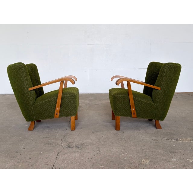 1940s Scandinavian Modern Lounge Chairs in Green Wool, 1940s, Set of 2 For Sale - Image 5 of 10