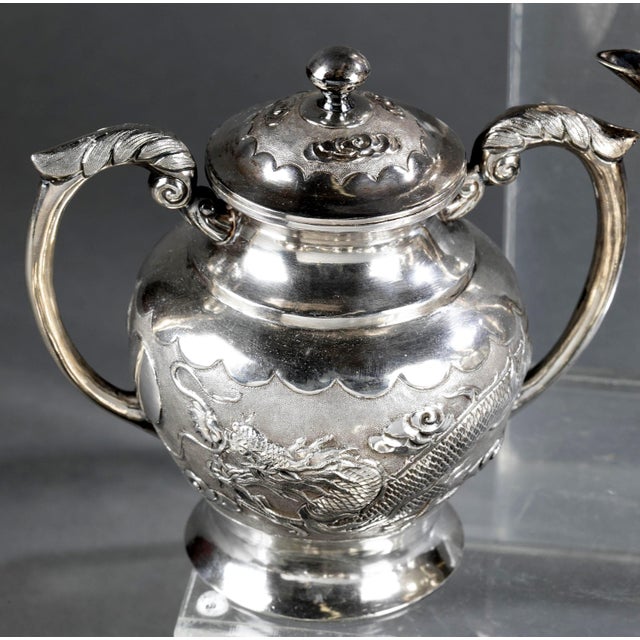 Early 20th Century Rare Chinese Export Sterling Silver Tea Set with Dragon Design Tianjing Wuhua - 13 pcs For Sale - Image 10 of 18