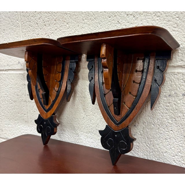 Early 20th Century Antique Arts and Crafts Gothic Revival Exposed Peg Wall Brackets - Pair For Sale - Image 5 of 8