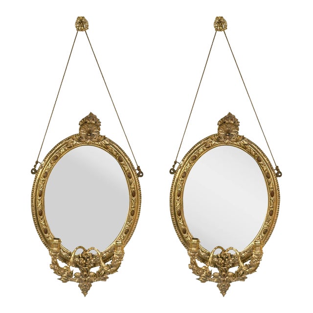Pair 19th C Mirror Oval Sconces Giltwood Design With Two Candle on Each Mirror For Sale