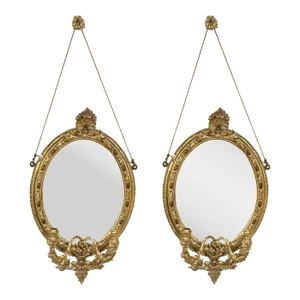 Pair 19th C Mirror Oval Sconces Giltwood Design With Two Candle on Each Mirror