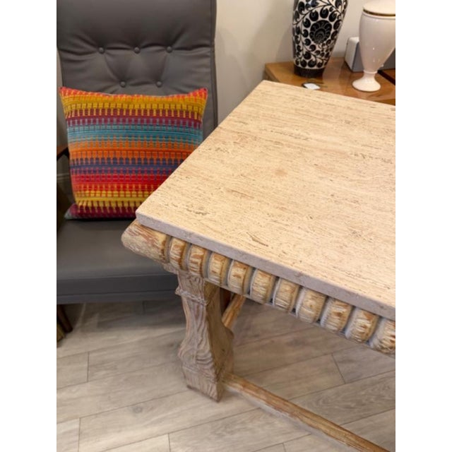 French Contemporary Cerused Oak and Travertine Console Table Attributed to Baker For Sale - Image 3 of 6