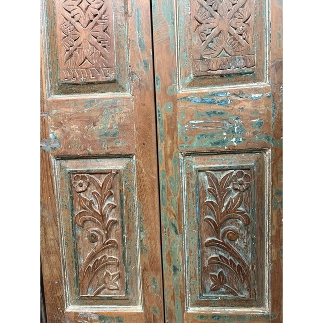 Mid-Century Modern Hand-Carved Vintage Wood Double Doors – Distressed Blue Antique Barn Doors 80x32.5 For Sale - Image 3 of 6