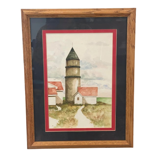Vintage Lighthouse Painting Original Signed Watercolor Framed and Matted For Sale
