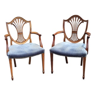 Pair Early 20th Century Hepplewhite Style Mahogany and Upholstered Shield Back Armchairs For Sale