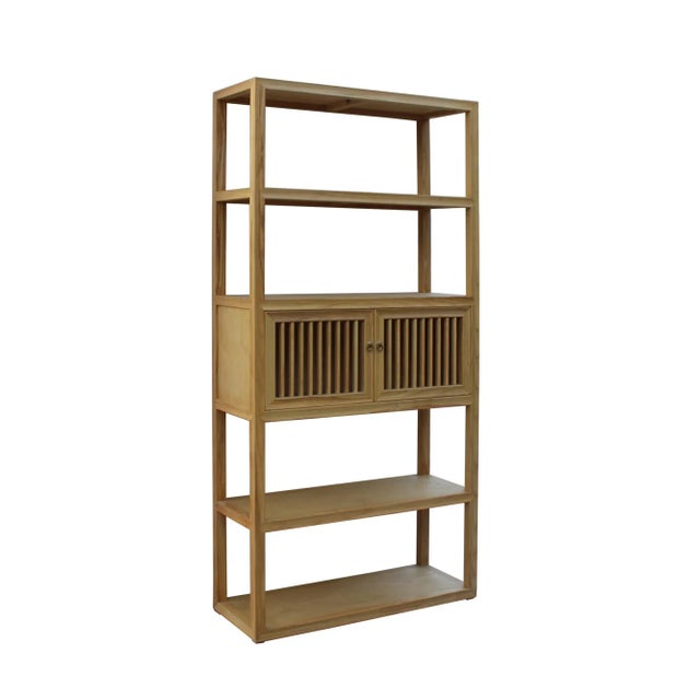 Contemporary Light Natural Raw Wood Shutter Doors Bookcase Divider Cabinet For Sale - Image 3 of 7