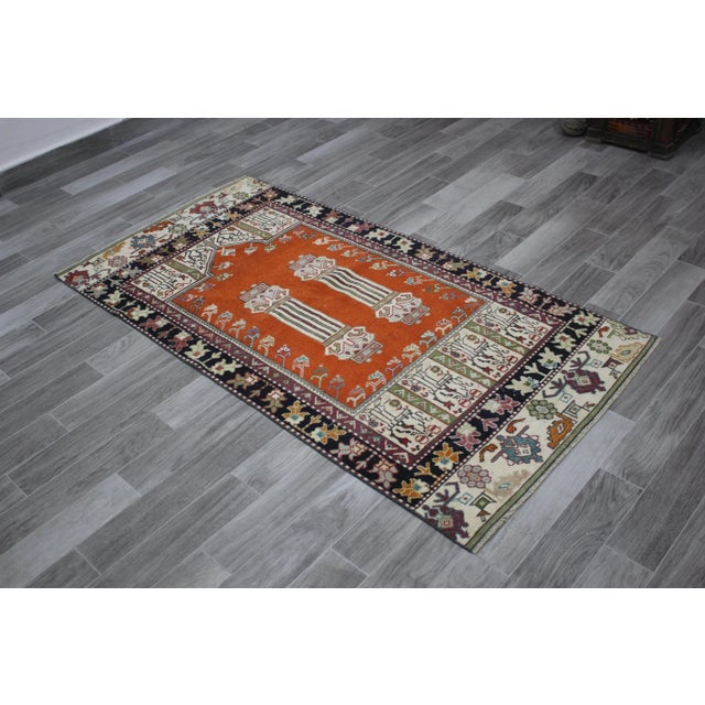 1970s Mid-Century Style Turkish Vintage Wool Flamestich Design Ethnic Rug Size: 3.1 x 6.2 ft (95 x 187 cm) 37 x 74 inches...