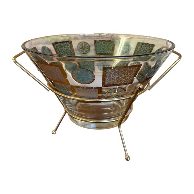 Vintage Mid-Century Modern Glass Serving Bowl With Gold-Tone Metal Stand. For Sale - Image 4 of 10