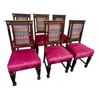 Early 20th Century Edwardian English Oak Dining Chairs With Vivid Mexican Embroidery Upholstery - Set of 6 For Sale