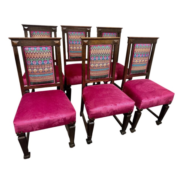 Early 20th Century Edwardian English Oak Dining Chairs With Vivid Mexican Embroidery Upholstery - Set of 6 For Sale