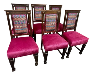 Early 20th Century Edwardian English Oak Dining Chairs With Vivid Mexican Embroidery Upholstery - Set of 6