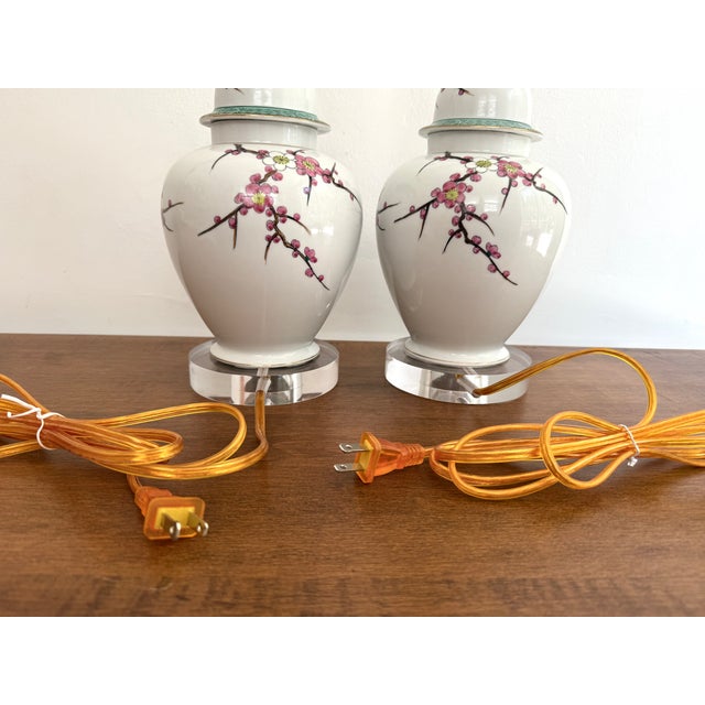 Mid 20th Century Chinese Plum Blossom Temple Jar Table Lamp on Lucite Bases - a Pair For Sale - Image 9 of 10