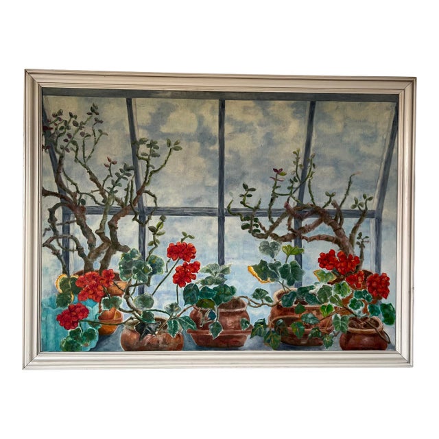 1980's Toni Dalton Window Flowers Still Life Oil Painting, Framed For Sale