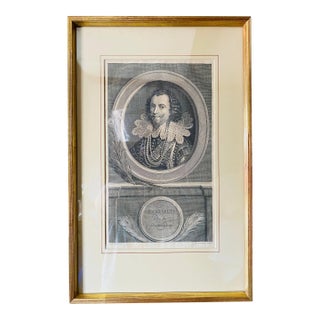 Antique Black and White Portrait Etching Circa 1750. For Sale