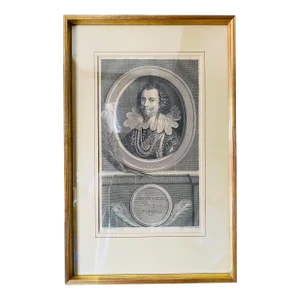 Antique Black and White Portrait Etching Circa 1750.
