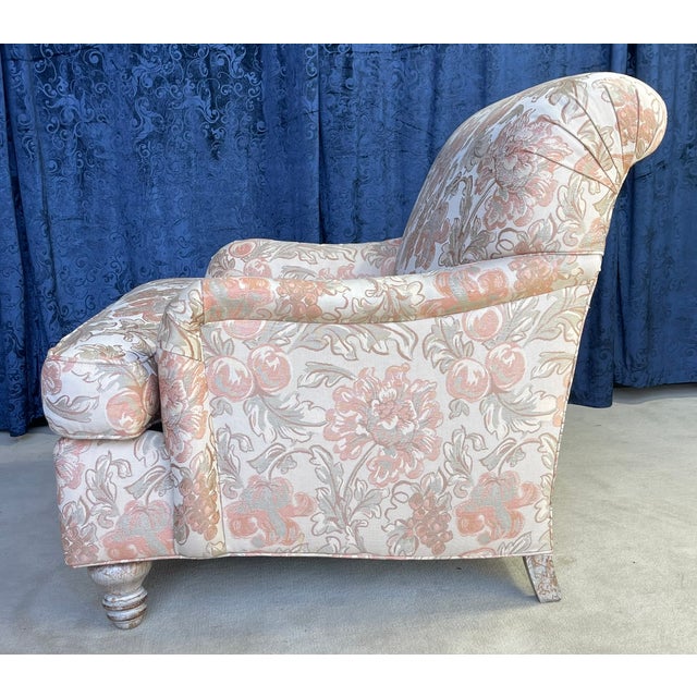 English Lounge Chair by Hickory Craft Chair With Orange and Creme Color Damask Fabric For Sale - Image 3 of 14