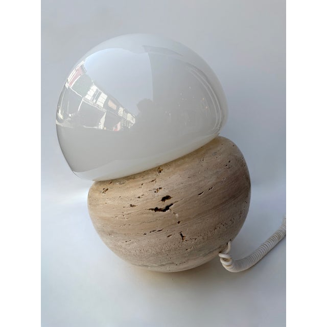 Pair of Travertine and Opaline Glass Culbuto Lamps Italy, 1980s For Sale - Image 14 of 14