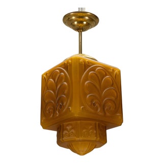 French Art Deco Pendant Light in Molded Amber Glass & Brass, 1930s For Sale