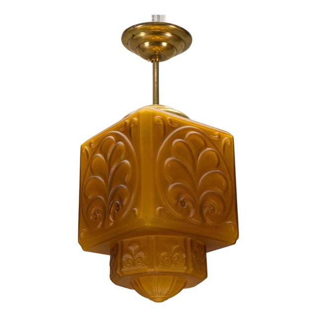French Art Deco Pendant Light in Molded Amber Glass & Brass, 1930s For Sale