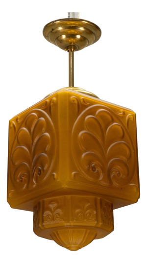 French Art Deco Pendant Light in Molded Amber Glass & Brass, 1930s