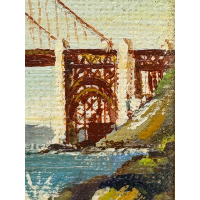 Goldenrod Vintage California Golden Gate Bridge Miniature Oil Painting by Jean Bowler, C. 1980 For Sale - Image 8 of 18