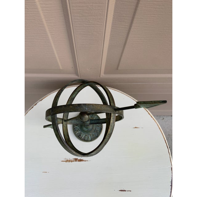 Rustic Verdigris Iron Armillary Sphere on Pedestal – European Garden Accent For Sale - Image 4 of 11