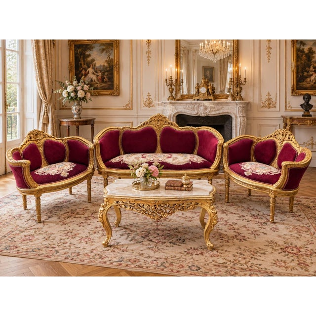 French 1960 Artisan Louis XVI Burgundy Beech Sofa Set-3 Pc For Sale - Image 3 of 16