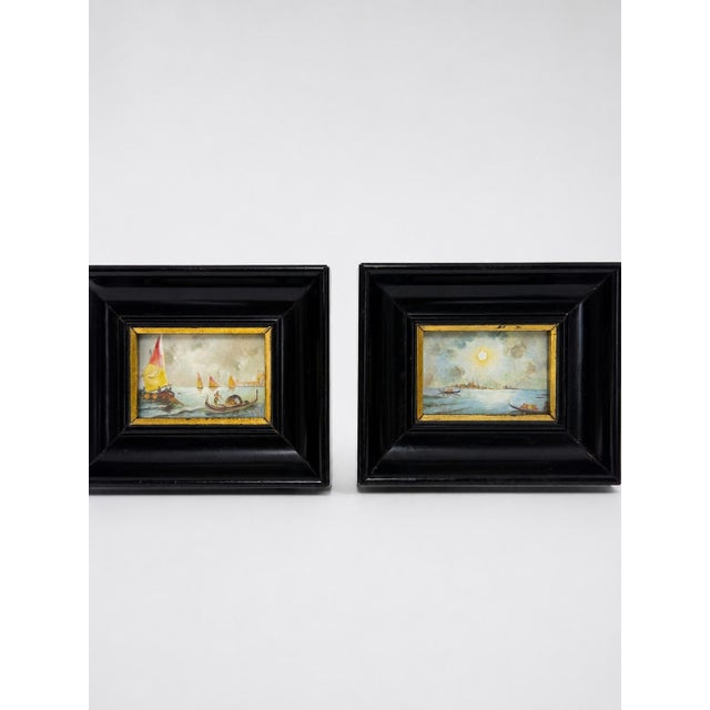 A charming pair of Venetian miniature paintings depicting lagoon and harbor views with gondolas, sailboats, distant...