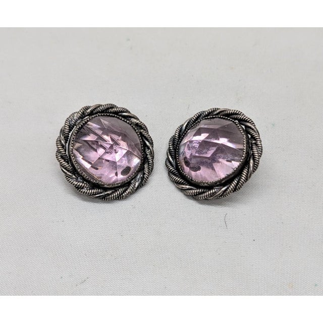 1950s Vintage 1950s Signed Napier Round Silvertone Faux-Amethyst Clip Earrings- 2 Pieces For Sale - Image 5 of 8