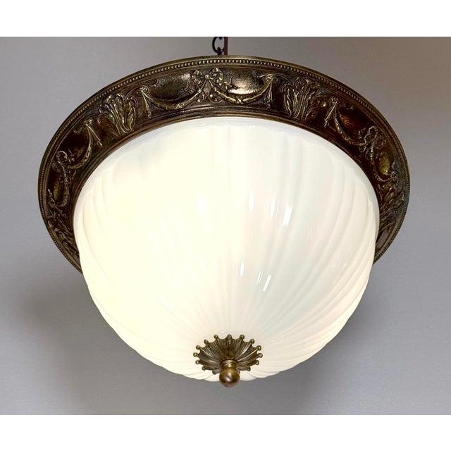 Metal Mid 20th Century Restored Traditional 18 In. White Glass Dome Brass Flush Mount Light For Sale - Image 7 of 8