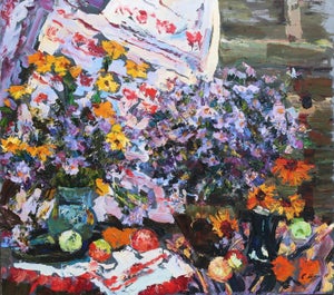 Original Still Life Oil Painting: Flowers and Food, Ukrainian Art 80-90