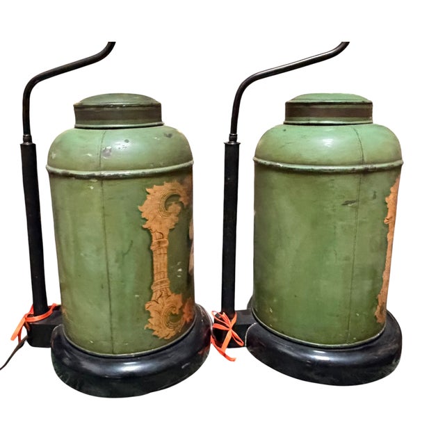 Early 19th Century Pair of Antique Tole Tea Canister Table Lamps For Sale - Image 5 of 6