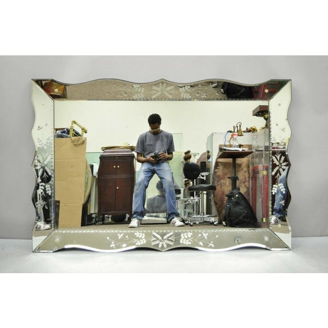 Vintage Venetian Art Deco Scalloped Edge Floral Etched Glass Large Wall Mirror For Sale - Image 10 of 11